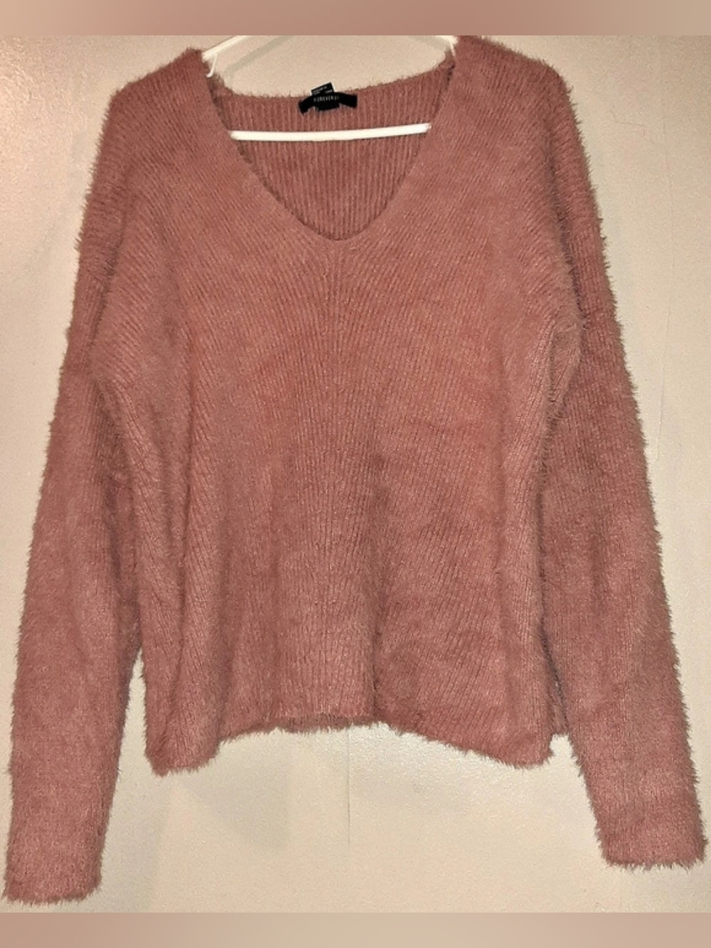 Forever 21 Pink Fuzzy V-Neck Knit Sweater Medium